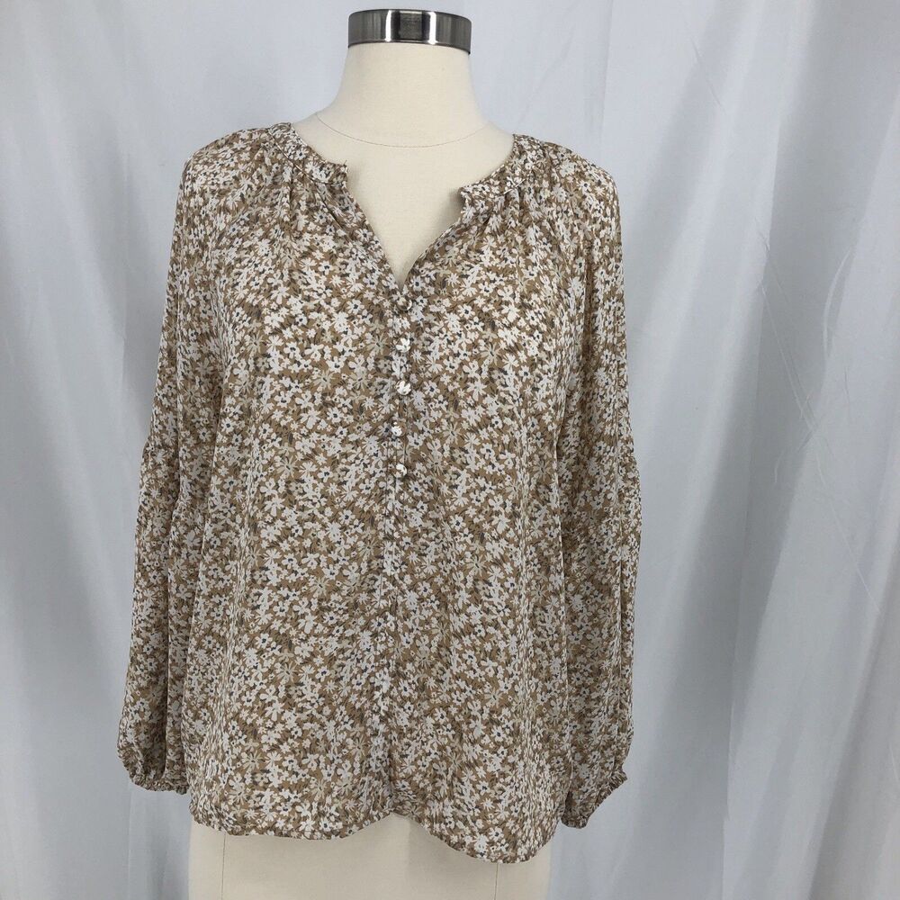 LOFT Women's Petite Brown White Floral V-Neck Button Long Sleeve Blouse SP
